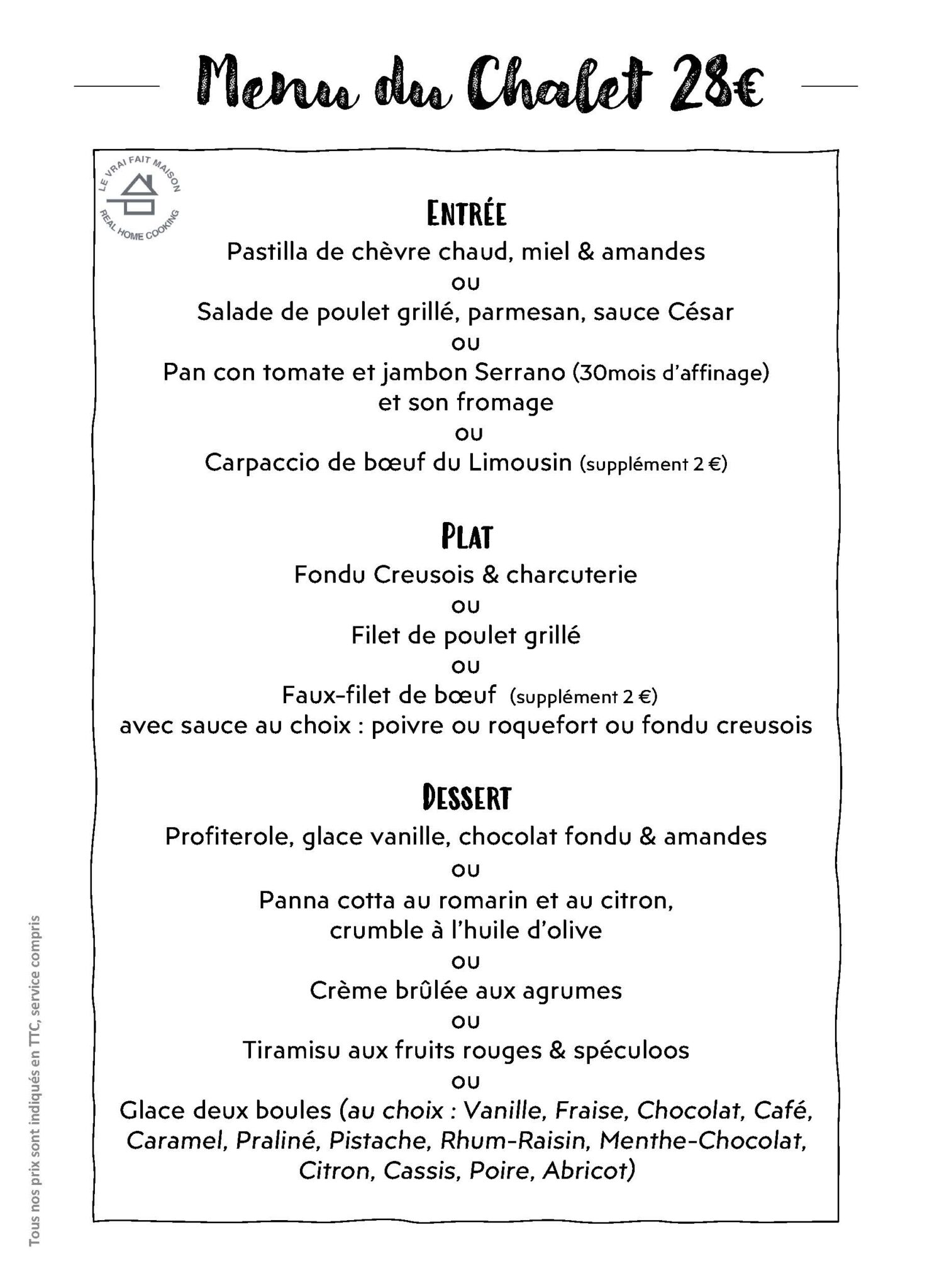 Menu du Restaurant Le Chalet des Pierres Jaumâtres
